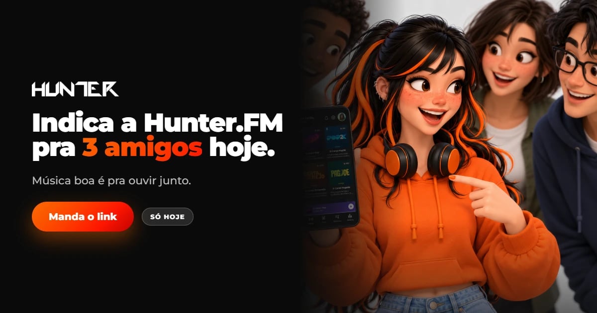Ilustração de uma garota de moletom laranja e fone no pescoço mostrando o app da Hunter.FM no celular para três amigos animados