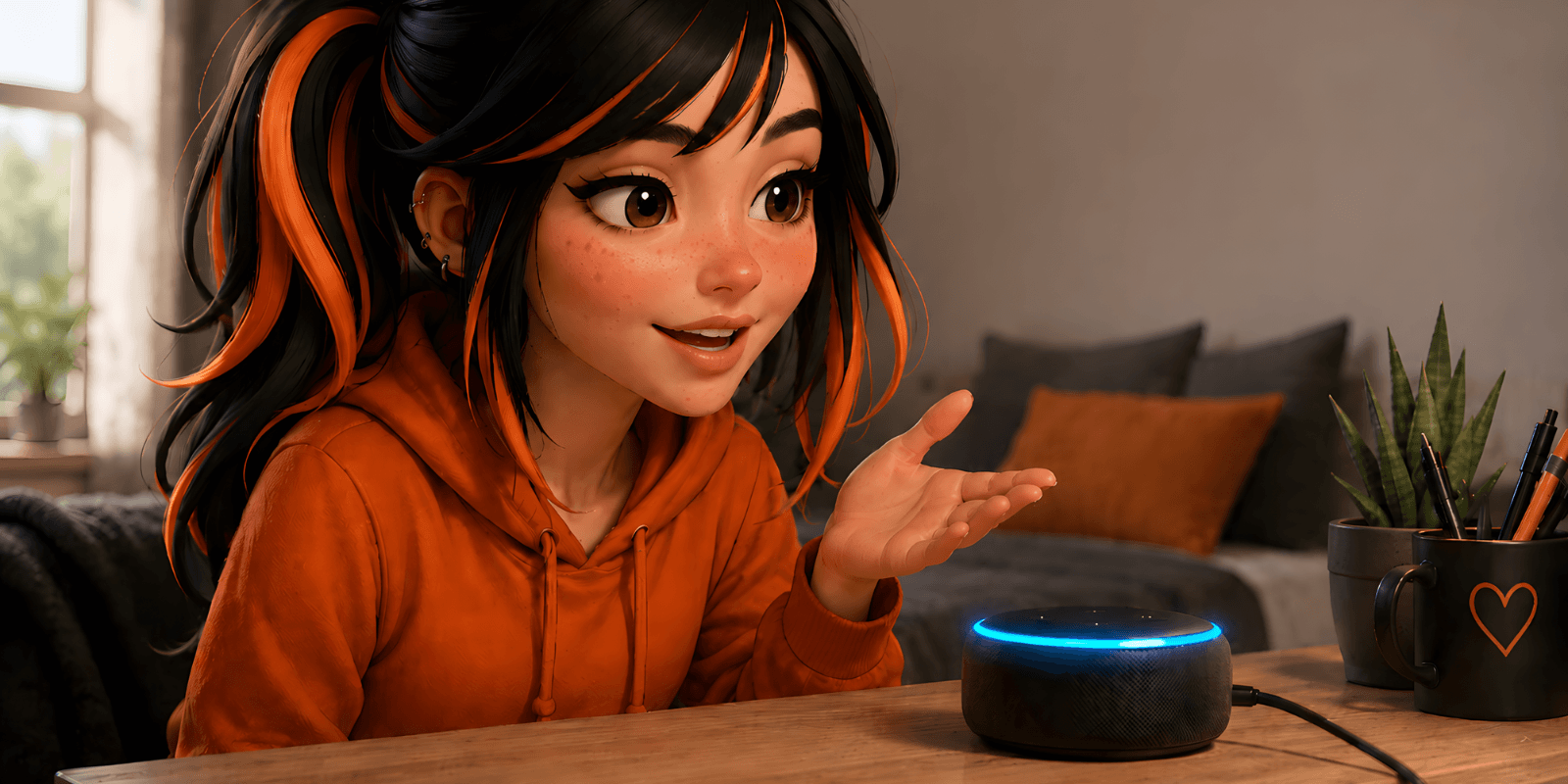 Echo com Alexa tocando a Hunter.FM na sala