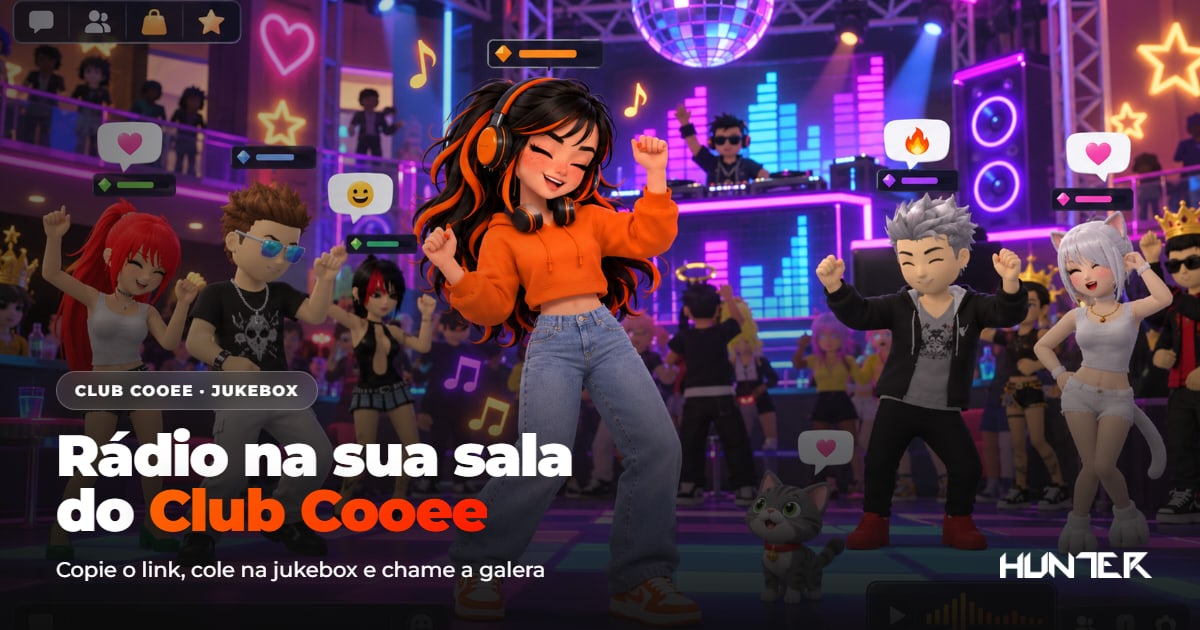 Garota de moletom laranja e fone de ouvido dançando numa festa do Club Cooee com outros avatares, globo de luz e DJ ao fundo, com o texto Rádio na sua sala do Club Cooee