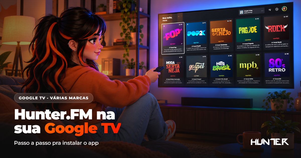 Hunter.FM tocando em uma Smart TV com Google TV na sala