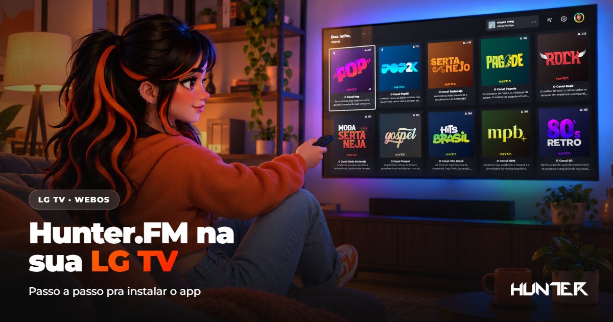 Hunter.FM tocando em uma Smart TV LG na sala